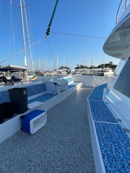 a blue and white boat